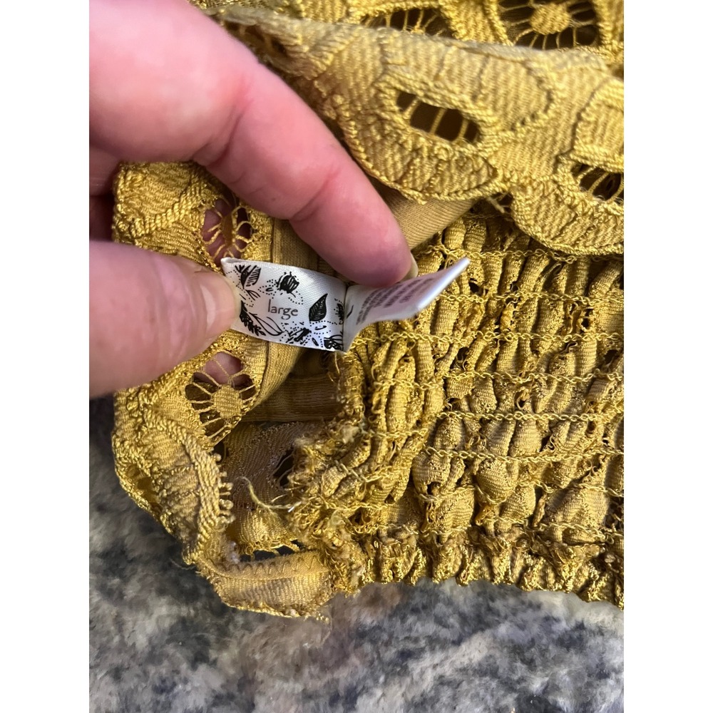 NWOTMustard Yellow Lace Bralette Boho Crochet Smocked Back Adjustable Straps, L - Picture 4 of 5